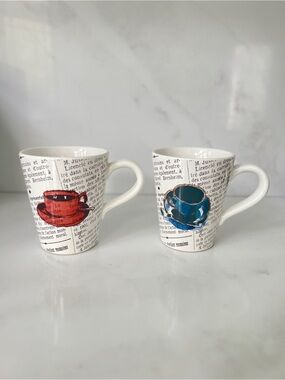 Williams Sonoma Newsprint ceramic coffee mugs red blue graphic prints Portugal 2